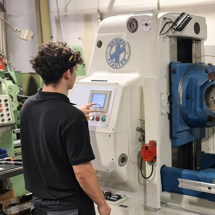 Operario controlando talladora de engranajes Pfauter para fabricación de piñones industriales en Vitoria-Gasteiz, Álava