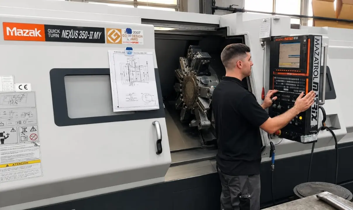 Operario trabajando en torno CNC Mazak Quick Turn Nexus 350-II MY en taller de mecanizado en Vitoria-Gasteiz